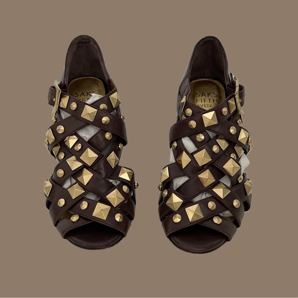 Vintage Saks Fifth Avenue Brown and Gold Studded Heeled Sandals
